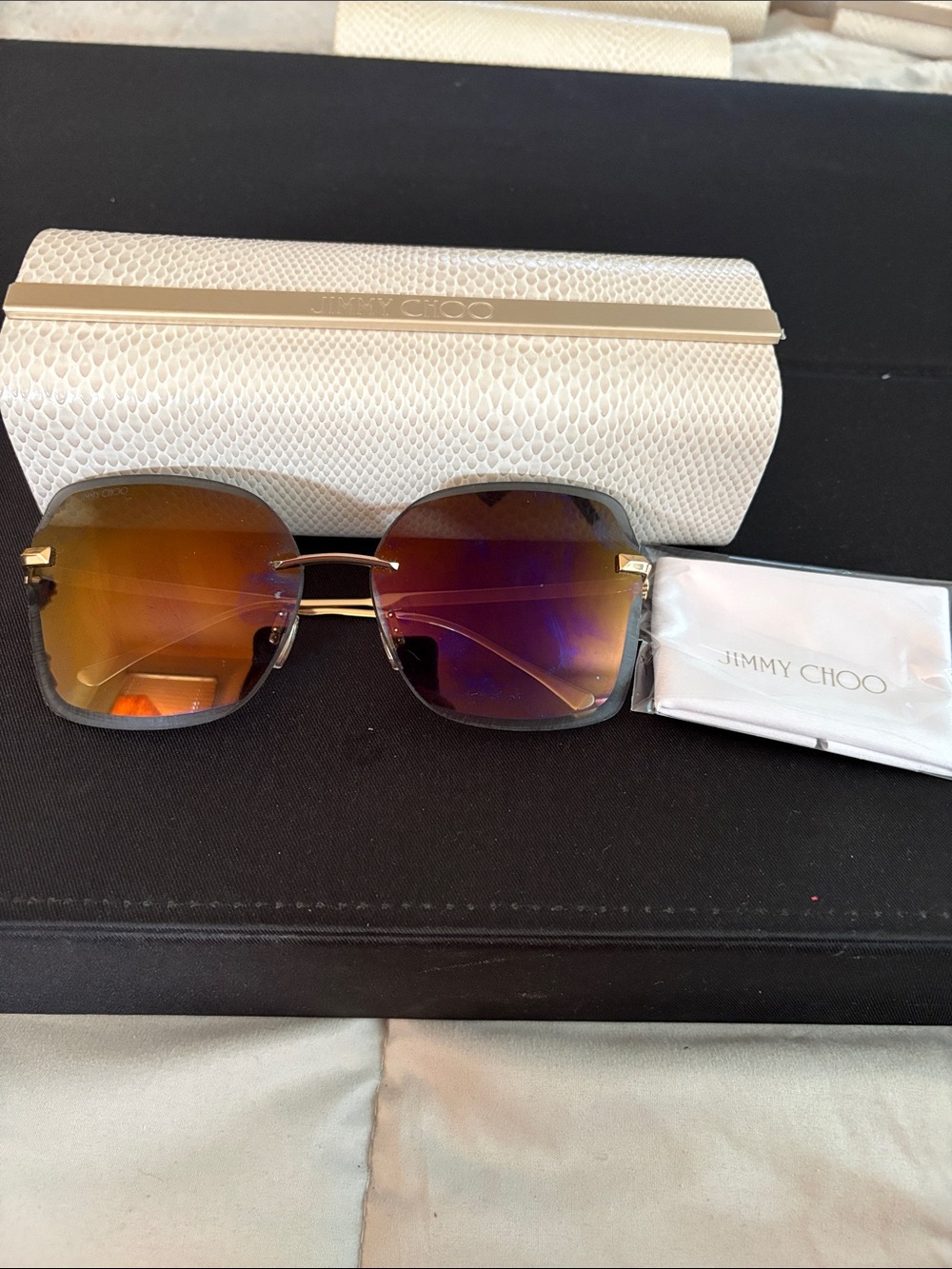 NWOT Jimmy Choo Gold-Trim Gradient Orange Brown Rimless Sunglasses